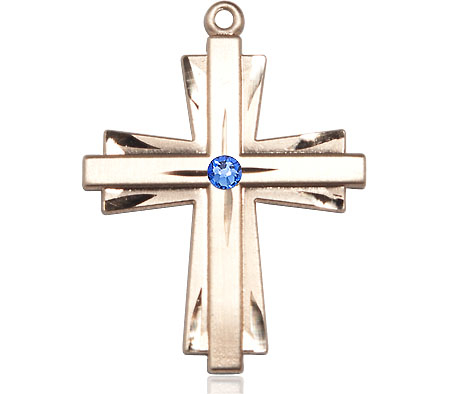 14kt Gold Cross Medal with a 3mm Sapphire Swarovski stone
