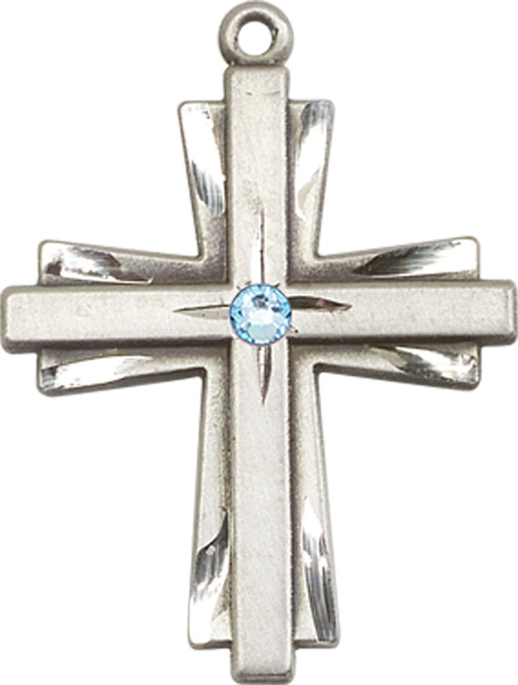 Sterling Silver Cross Medal with a 3mm Aqua Swarovski stone