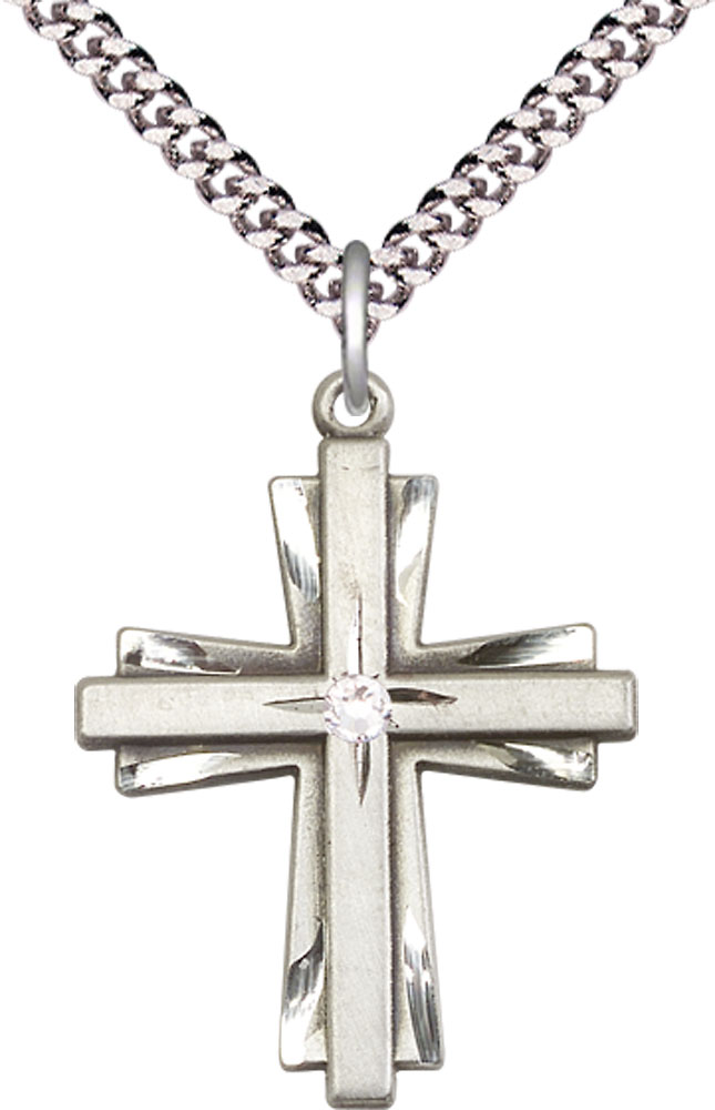 Sterling Silver Cross Pendant with a 3mm Crystal Swarovski stone on a 24 inch Light Rhodium Heavy Curb chain