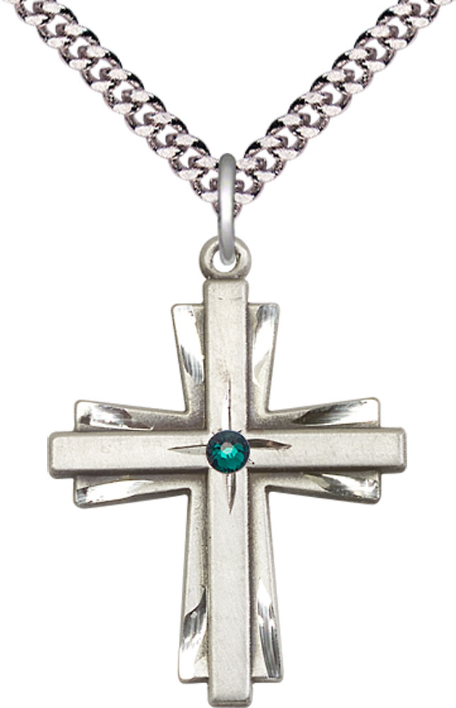 Sterling Silver Cross Pendant with a 3mm Emerald Swarovski stone on a 24 inch Light Rhodium Heavy Curb chain