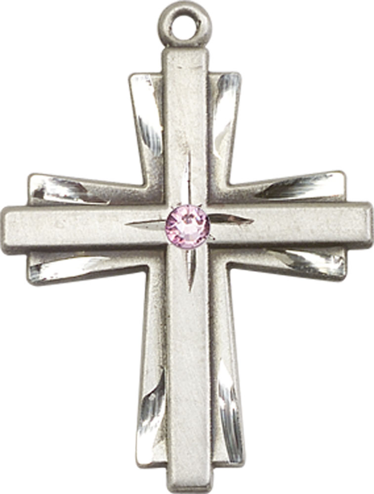 Sterling Silver Cross Medal with a 3mm Light Amethyst Swarovski stone