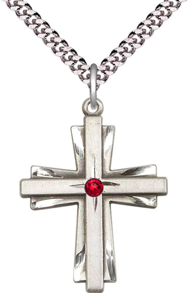 Sterling Silver Cross Pendant with a 3mm Ruby Swarovski stone on a 24 inch Light Rhodium Heavy Curb chain