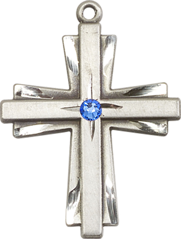 Sterling Silver Cross Medal with a 3mm Sapphire Swarovski stone