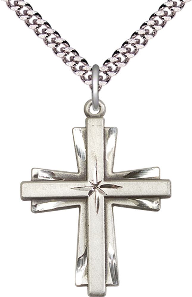 Sterling Silver Cross Pendant on a 24 inch Light Rhodium Heavy Curb chain