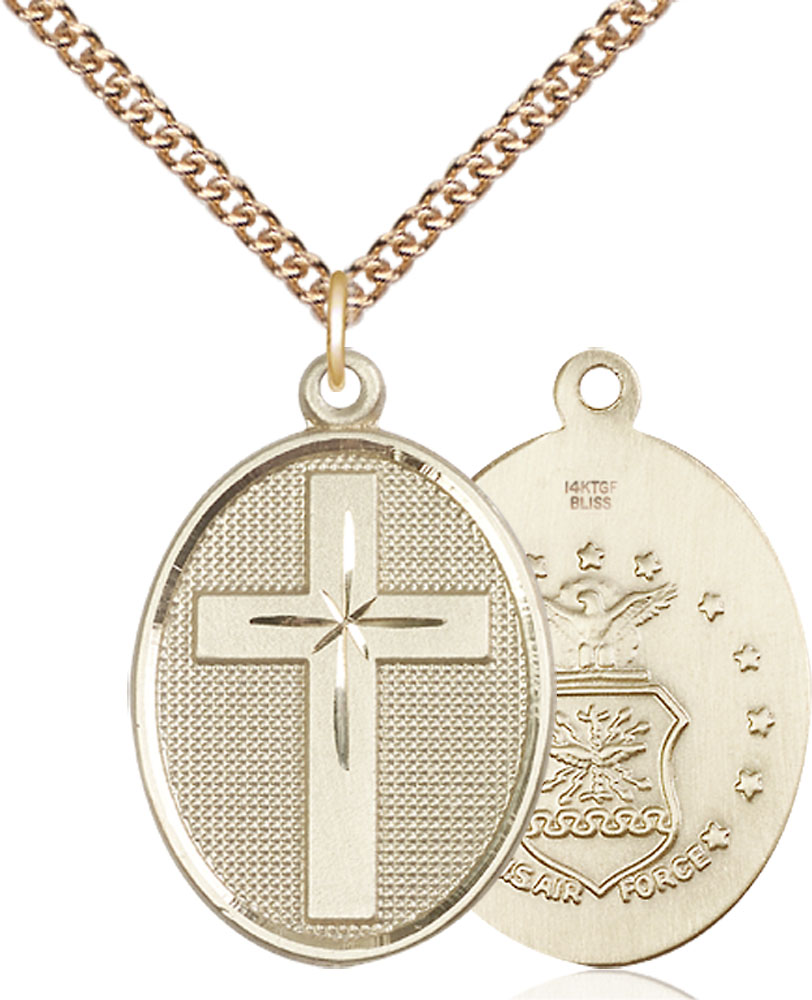 14kt Gold Filled Cross Air Force Pendant on a 24 inch Gold Filled Heavy Curb chain