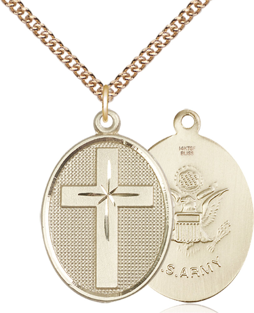 14kt Gold Filled Cross Army Pendant on a 24 inch Gold Filled Heavy Curb chain