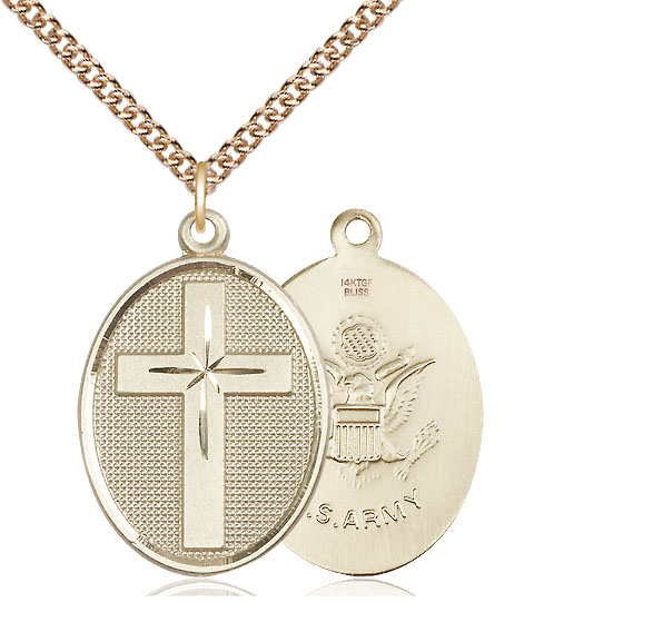 14kt Gold Filled Cross Army Pendant on a 24 inch Gold Filled Heavy Curb chain