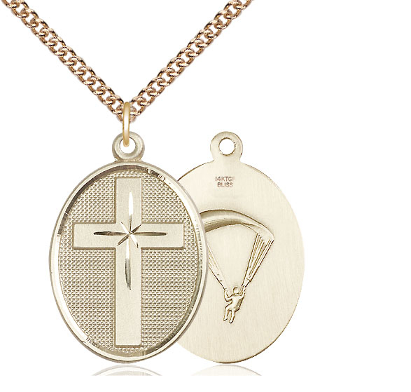 14kt Gold Filled Cross Paratrooper Pendant on a 24 inch Gold Filled Heavy Curb chain
