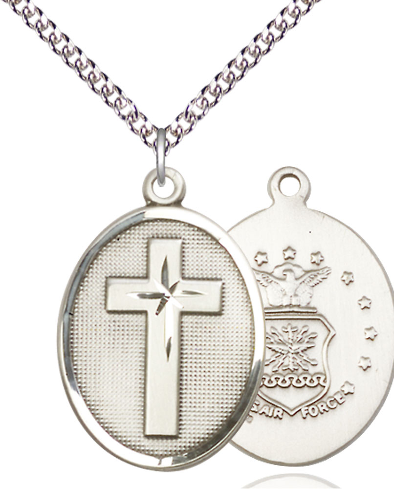 Sterling Silver Cross Air Force Pendant on a 24 inch Sterling Silver Heavy Curb chain