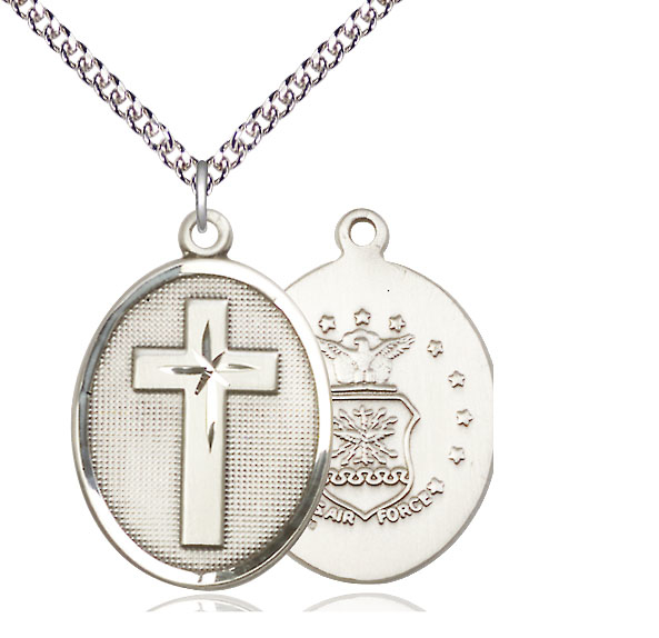 Sterling Silver Cross Air Force Pendant on a 24 inch Sterling Silver Heavy Curb chain