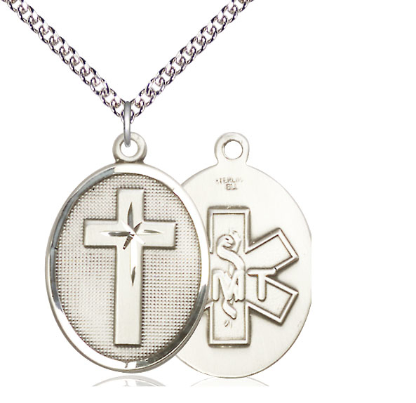 Sterling Silver Cross EMT Pendant on a 24 inch Sterling Silver Heavy Curb chain