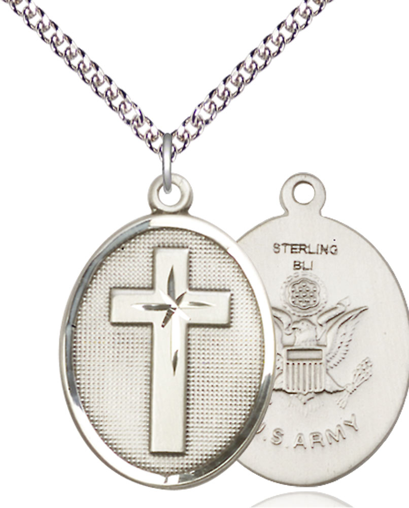 Sterling Silver Cross Army Pendant on a 24 inch Sterling Silver Heavy Curb chain