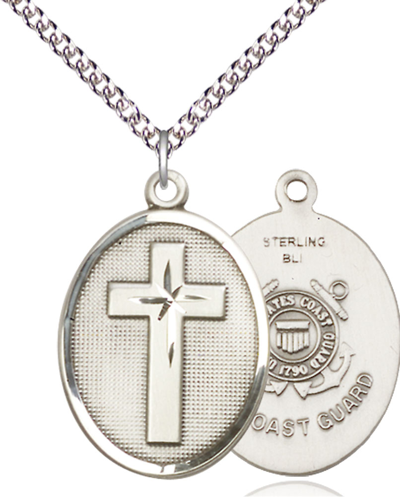 Sterling Silver Cross Coast Guard Pendant on a 24 inch Sterling Silver Heavy Curb chain