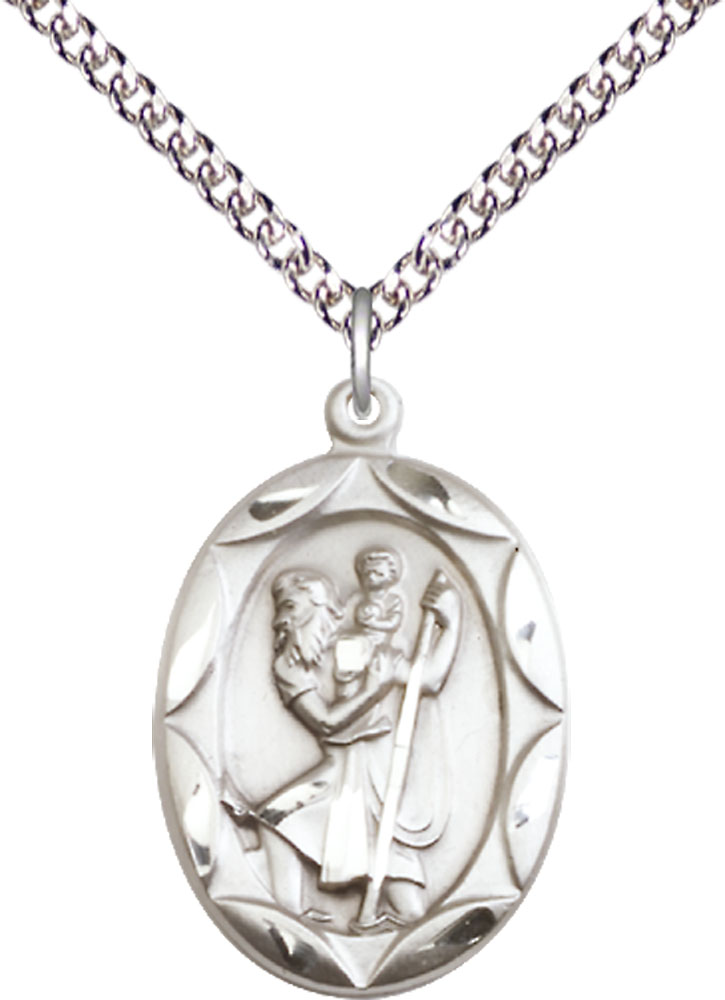 Sterling Silver Saint Christopher Pendant on a 24 inch Sterling Silver Heavy Curb chain