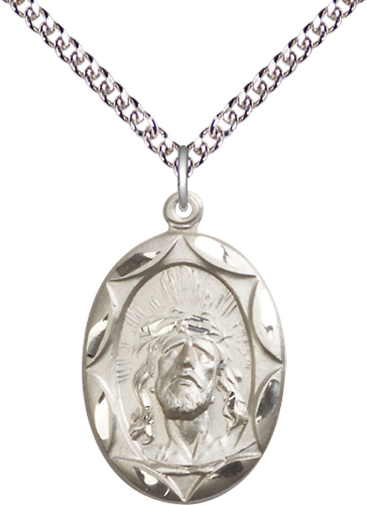 Sterling Silver Ecce Homo Pendant on a 24 inch Sterling Silver Heavy Curb chain