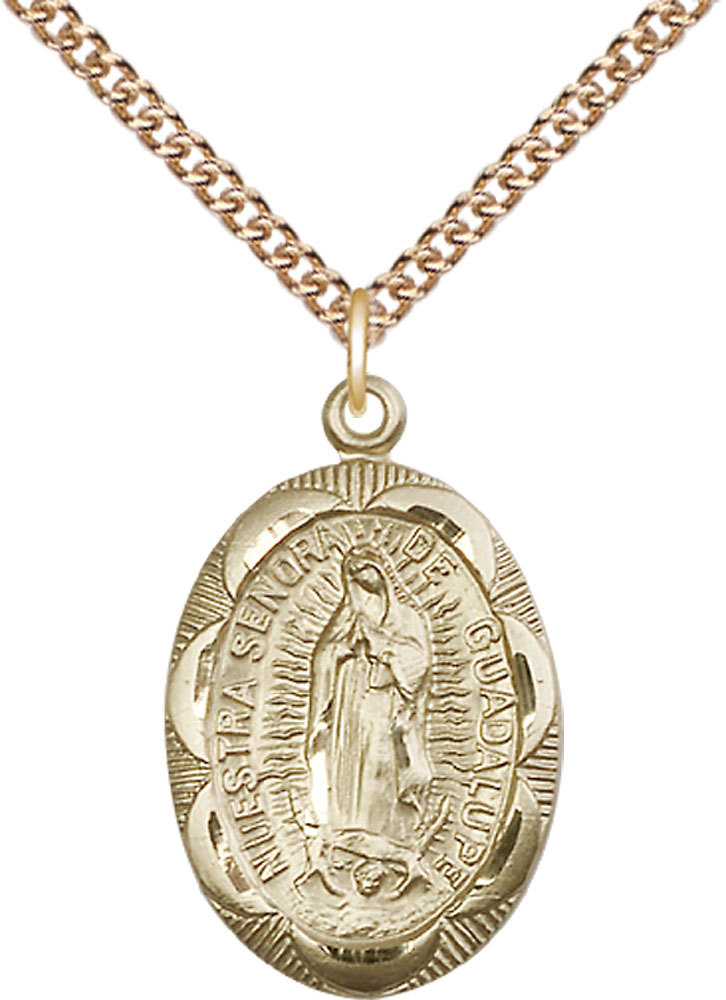14kt Gold Filled Our Lady of Guadalupe Pendant on a 24 inch Gold Filled Heavy Curb chain