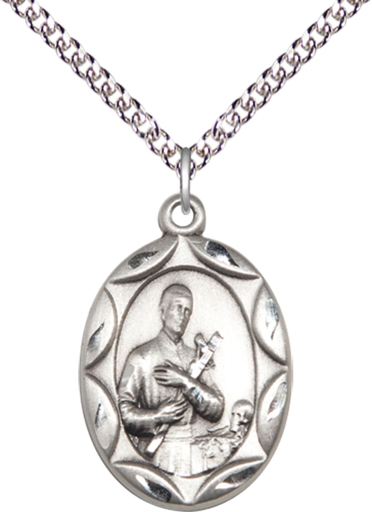 Sterling Silver Saint Gerard Pendant on a 24 inch Sterling Silver Heavy Curb chain