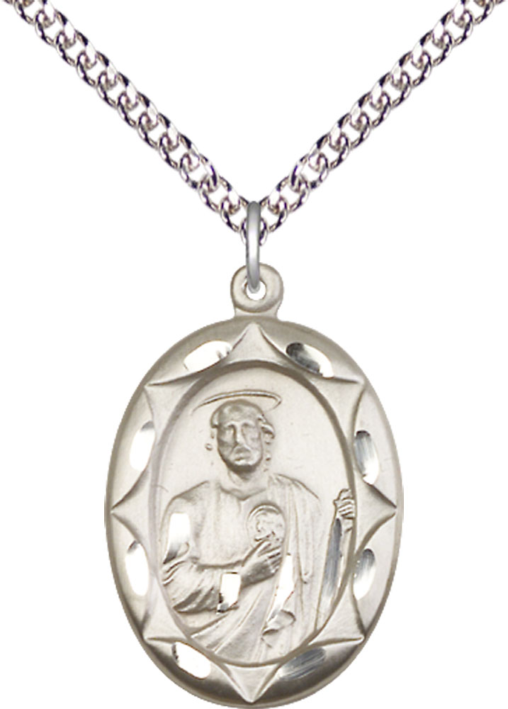 Sterling Silver Saint Jude Pendant on a 24 inch Sterling Silver Heavy Curb chain