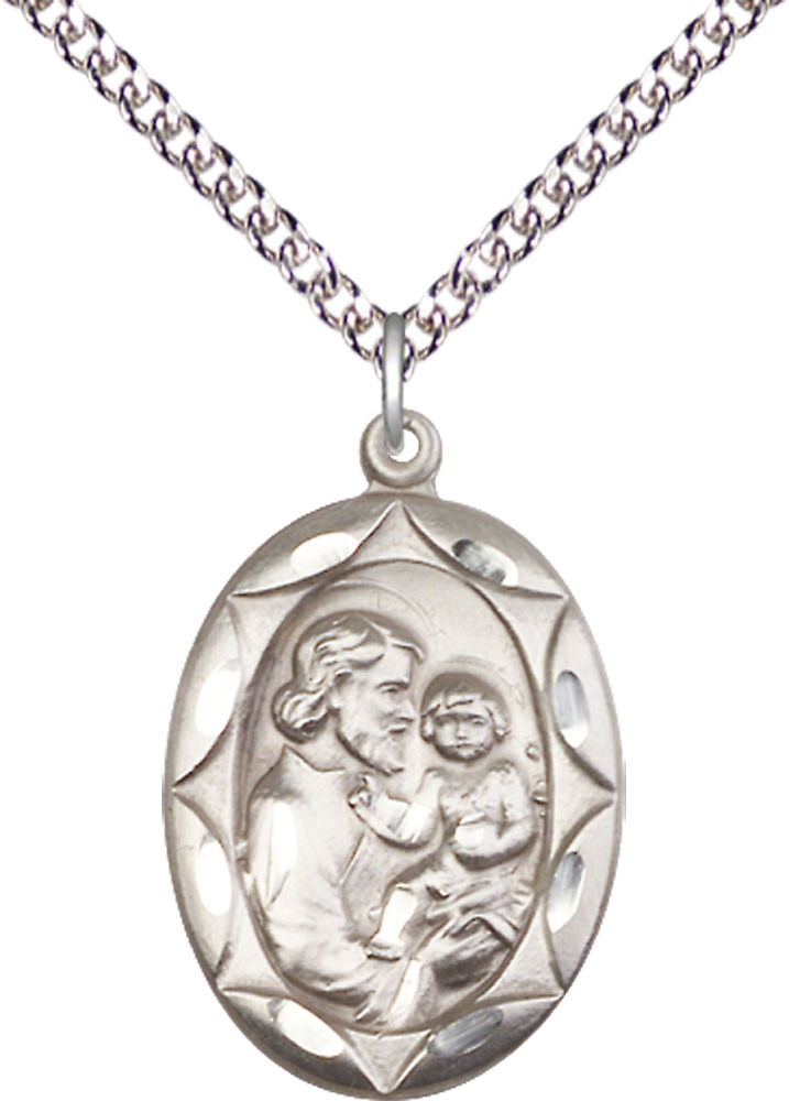 Sterling Silver Saint Joseph Pendant on a 24 inch Sterling Silver Heavy Curb chain