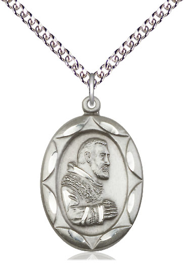 Sterling Silver Saint Pio of Pietrelcina Pendant on a 24 inch Sterling Silver Heavy Curb chain