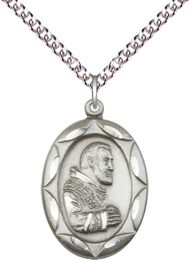 Sterling Silver Saint Pio of Pietrelcina Pendant on a 24 inch Sterling Silver Heavy Curb chain