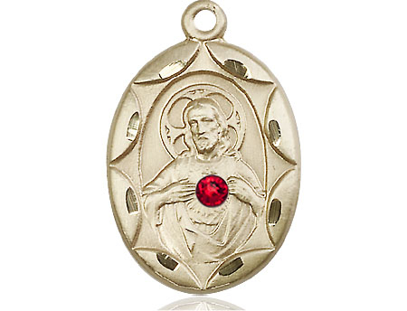 14kt Gold Filled Scapular w/ Ruby Stone Medal with a 3mm Ruby Swarovski stone