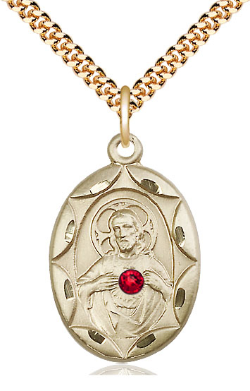 14kt Gold Filled Scapular w/ Ruby Stone Pendant with a 3mm Ruby Swarovski stone on a 24 inch Gold Plate Heavy Curb chain