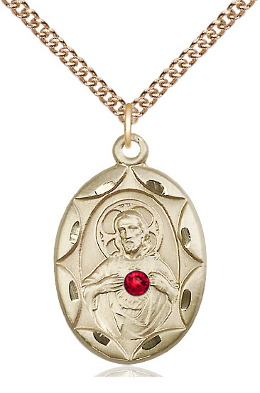 14kt Gold Filled Scapular w/ Ruby Stone Pendant with a 3mm Ruby Swarovski stone on a 24 inch Gold Filled Heavy Curb chain