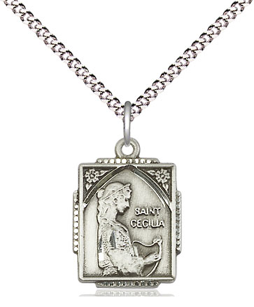 Sterling Silver Saint Cecilia Pendant on a 18 inch Light Rhodium Light Curb chain