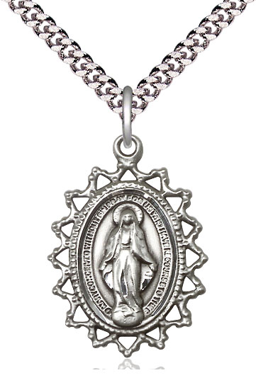 Sterling Silver Miraculous Pendant on a 24 inch Light Rhodium Heavy Curb chain