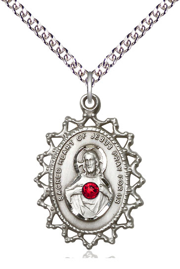 Sterling Silver Scapular w/ Ruby Stone Pendant with a 3mm Ruby Swarovski stone on a 24 inch Sterling Silver Heavy Curb chain