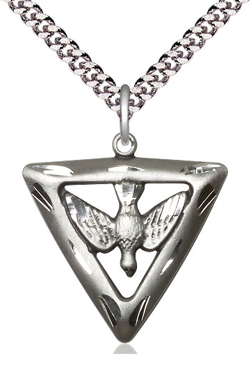 Sterling Silver Holy Spirit Triangle Pendant on a 24 inch Light Rhodium Heavy Curb chain