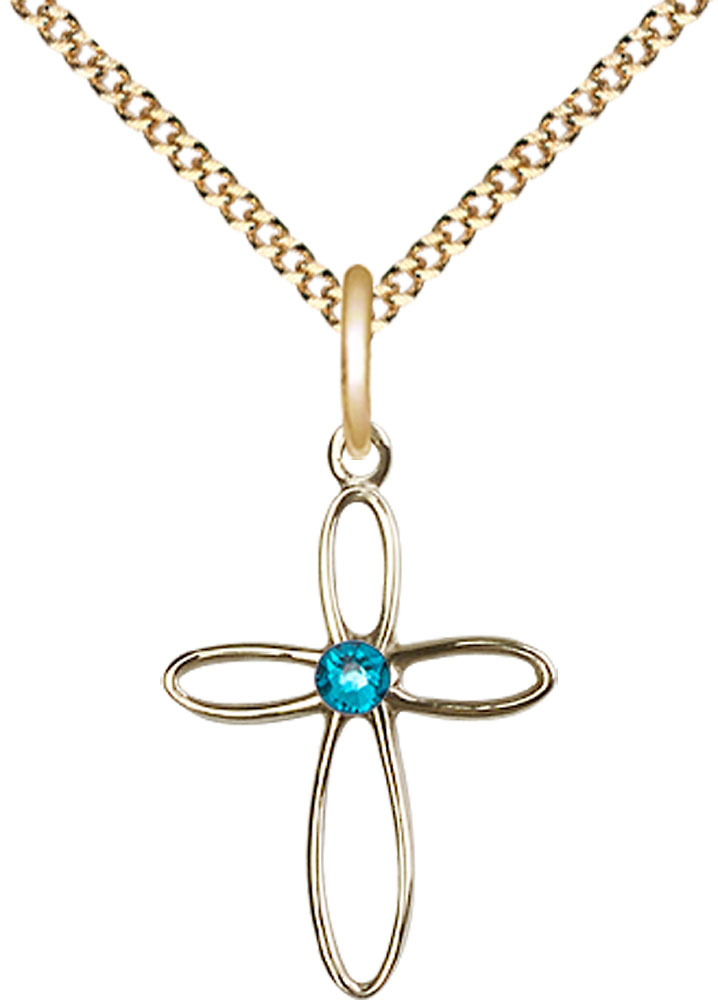 14kt Gold Filled Loop Cross Pendant with a 3mm Zircon Swarovski stone on a 18 inch Gold Plate Light Curb chain