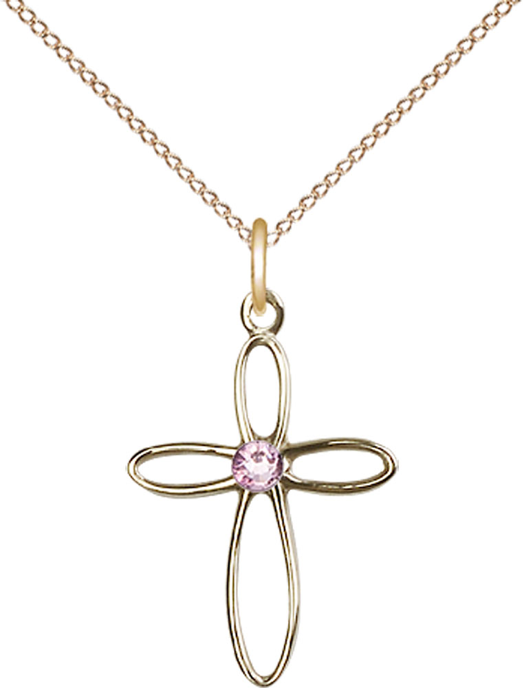 14kt Gold Filled Loop Cross Pendant with a 3mm Light Amethyst Swarovski stone on a 18 inch Gold Filled Light Curb chain