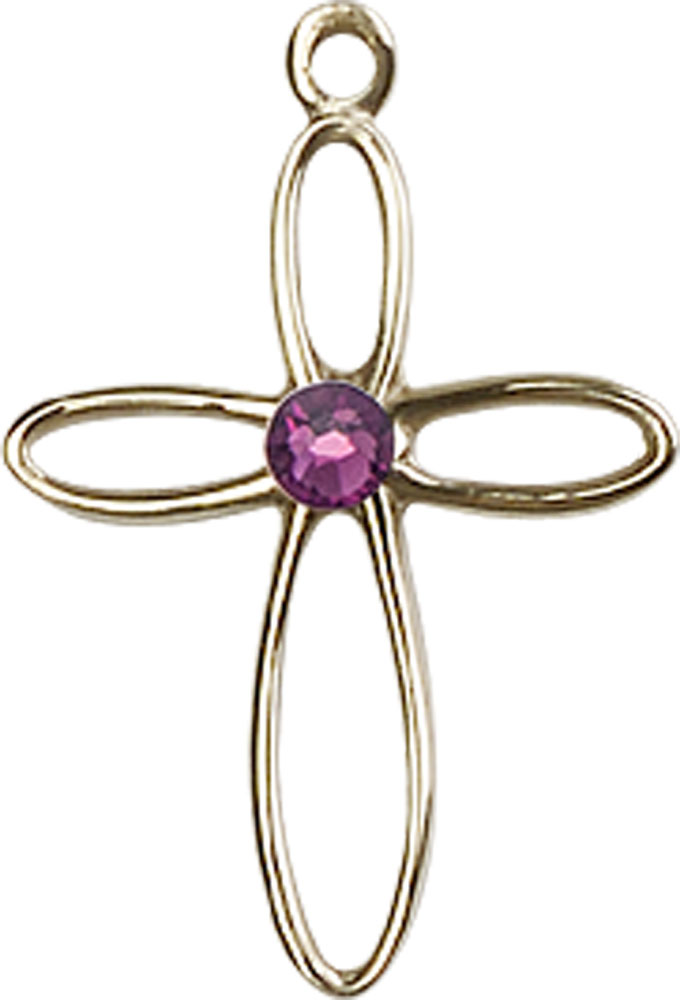 14kt Gold Loop Cross Medal with a 3mm Amethyst Swarovski stone