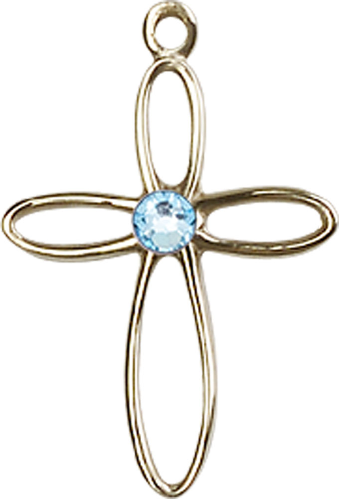 14kt Gold Loop Cross Medal with a 3mm Aqua Swarovski stone