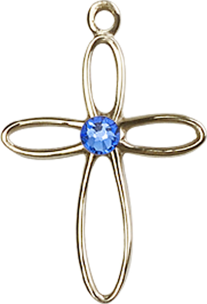 14kt Gold Loop Cross Medal with a 3mm Sapphire Swarovski stone