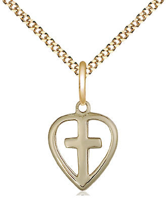 14kt Gold Filled Heart Cross Pendant on a 18 inch Gold Plate Light Curb chain