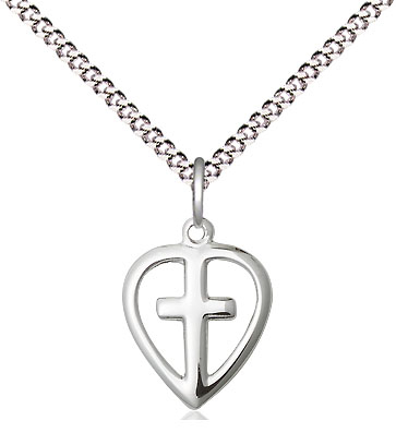 Sterling Silver Heart Cross Pendant on a 18 inch Light Rhodium Light Curb chain
