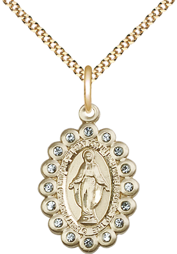 14kt Gold Filled Miraculous Pendant with Aqua Swarovski stones on a 18 inch Gold Plate Light Curb chain