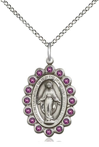 Sterling Silver Miraculous Pendant with Amethyst Swarovski stones on a 18 inch Sterling Silver Light Curb chain