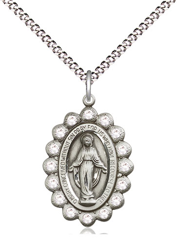 Sterling Silver Miraculous Pendant with Crystal Swarovski stones on a 18 inch Light Rhodium Light Curb chain