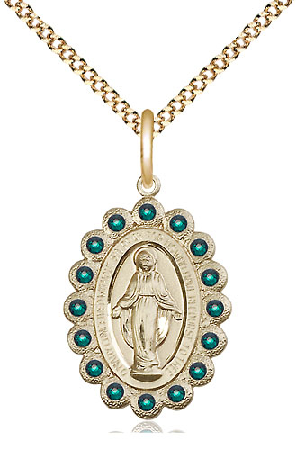 14kt Gold Filled Miraculous Pendant with Emerald Swarovski stones on a 18 inch Gold Plate Light Curb chain