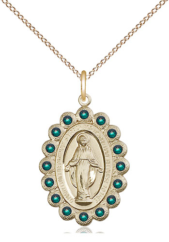 14kt Gold Filled Miraculous Pendant with Emerald Swarovski stones on a 18 inch Gold Filled Light Curb chain