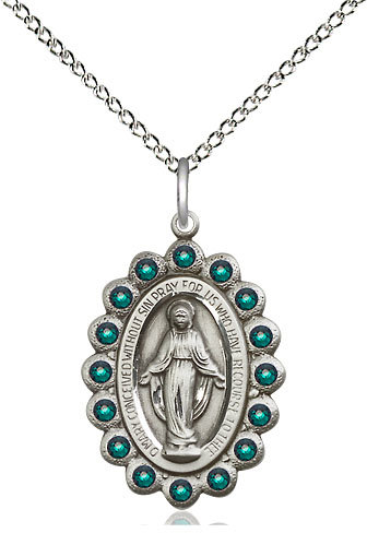 Sterling Silver Miraculous Pendant with Emerald Swarovski stones on a 18 inch Sterling Silver Light Curb chain