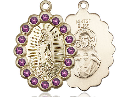 14kt Gold Filled Our Lady of Guadalupe Medal with Amethyst Swarovski stones