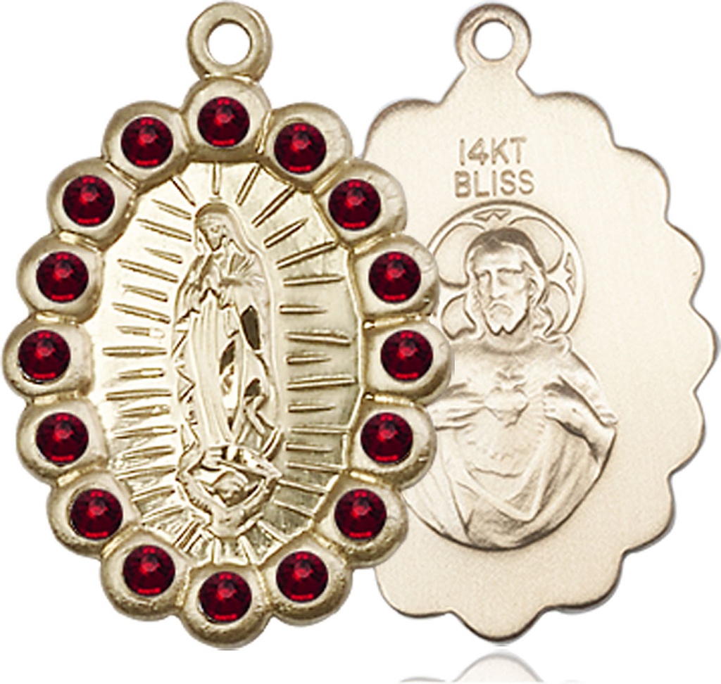 14kt Gold Our Lady of Guadalupe Medal with Garnet Swarovski stones