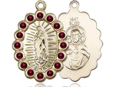 14kt Gold Our Lady of Guadalupe Medal with Garnet Swarovski stones