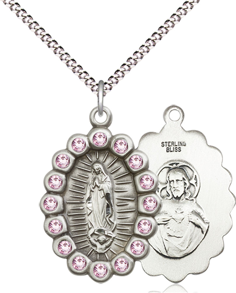 Sterling Silver Our Lady of Guadalupe Pendant with LA Swarovski stones on a 18 inch Light Rhodium Light Curb chain