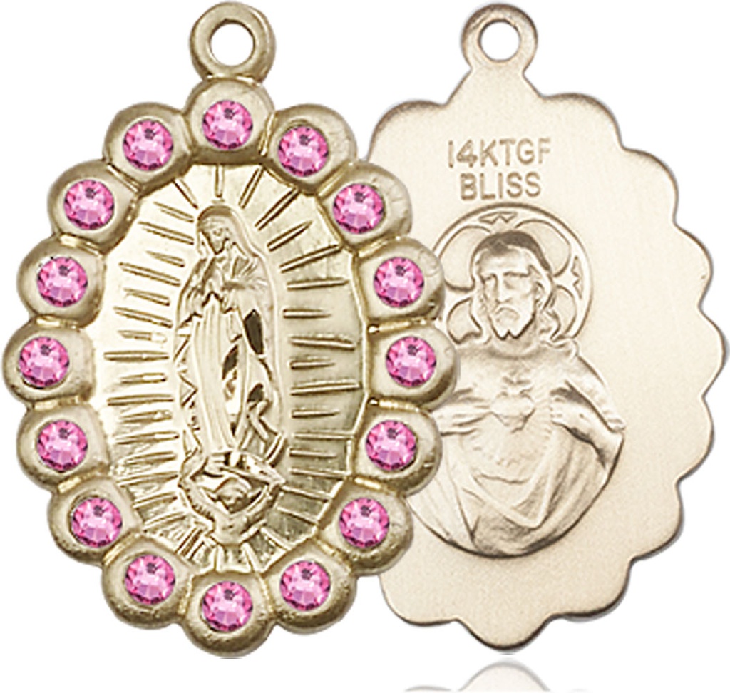 14kt Gold Filled Our Lady of Guadalupe Medal with Rose Swarovski stones